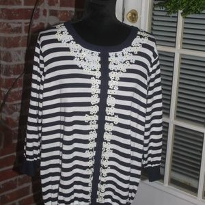 C.D. DANIELS NAVY WHITE STRIPE BEADED Embellushed Top NWT $56 Size 2X